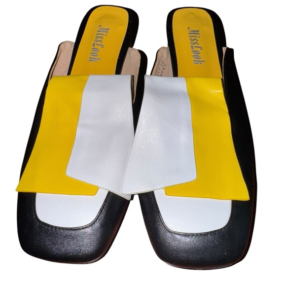 VTG Miss Look Women’s Yellow Black White Block Heel Mules Size 7.5-8 Leather - Picture 1 of 5